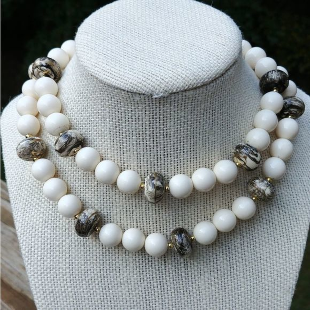 Vintage Lucite Ivory, Black, and Gold Necklace